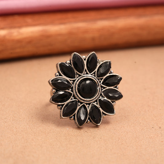 Everyday orchid stone studded oxidized rings (Black)