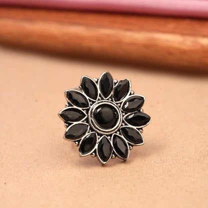 Everyday orchid stone studded oxidized rings (Black)
