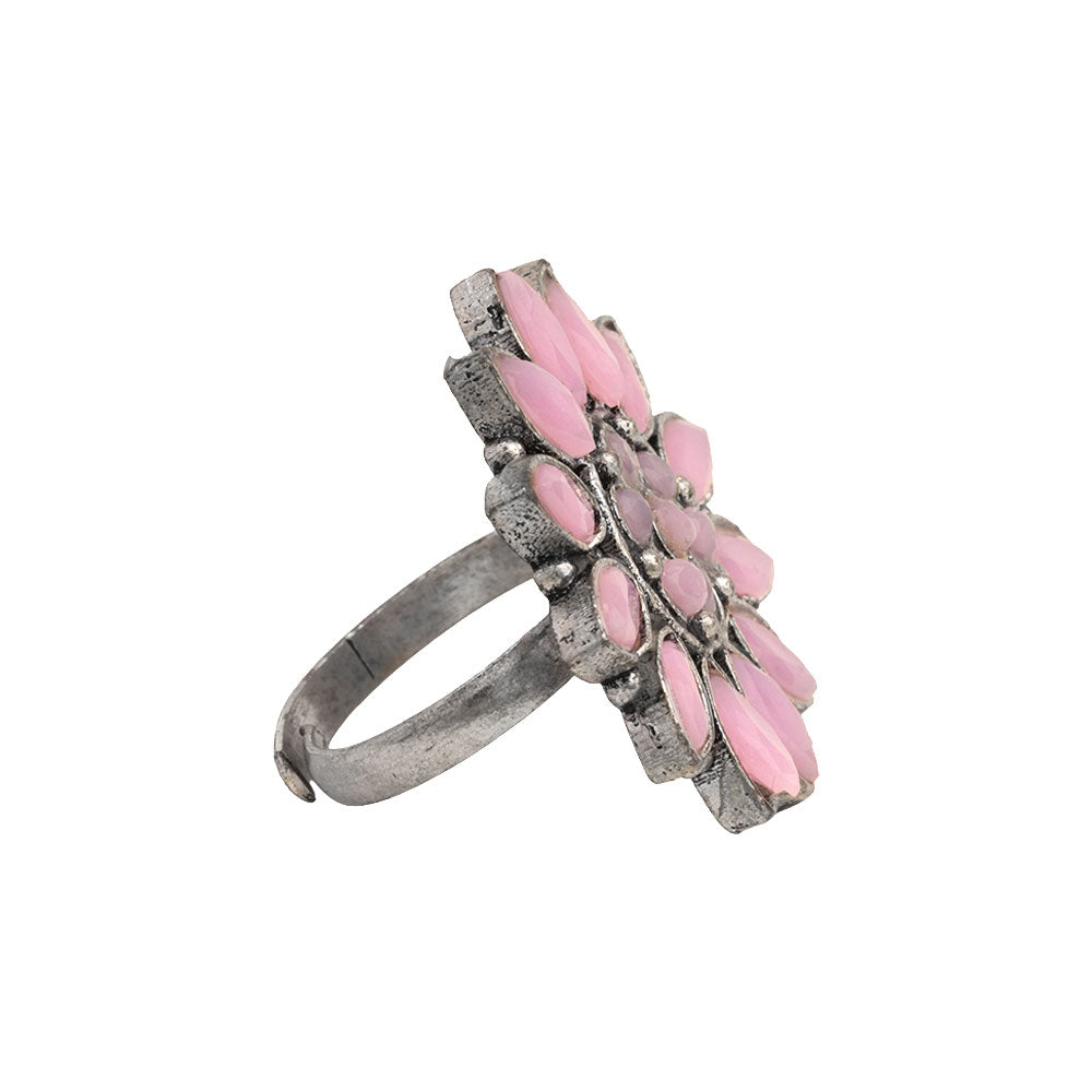 Floral radiance stone studded oxidized rings (Baby Pink)