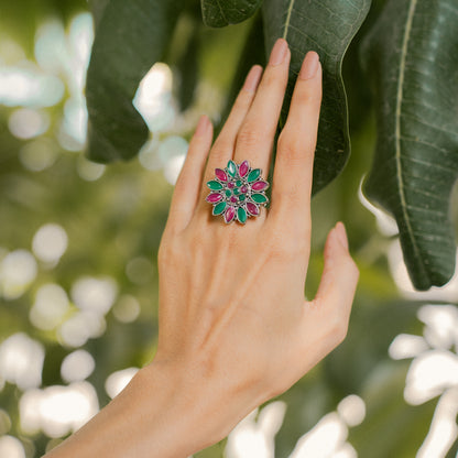 Floral radiance stone studded oxidized rings (Multicolored)