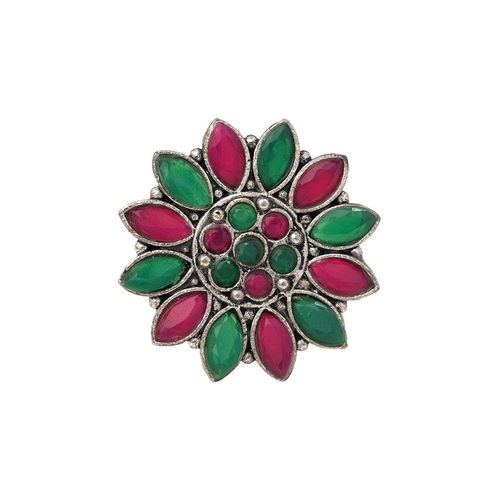 Floral radiance stone studded oxidized rings (Multicolored)