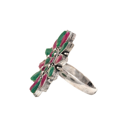 Floral radiance stone studded oxidized rings (Multicolored)