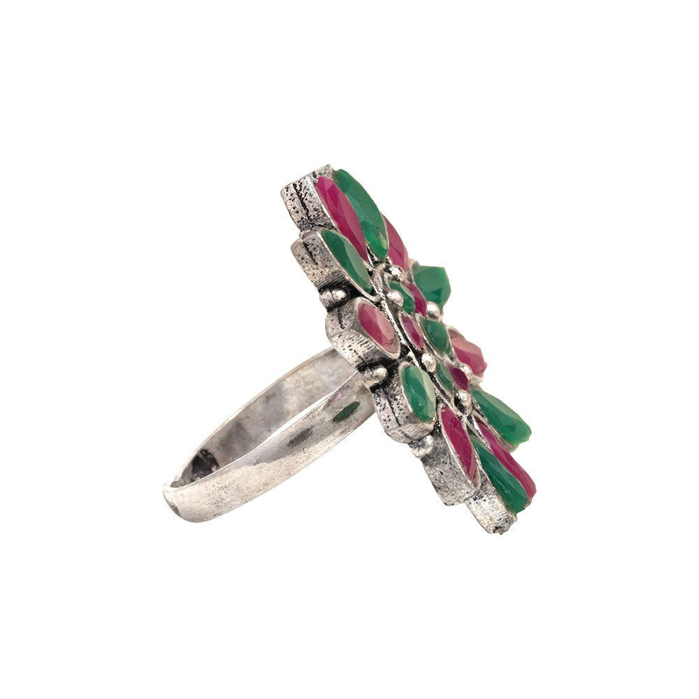 Floral radiance stone studded oxidized rings (Multicolored)