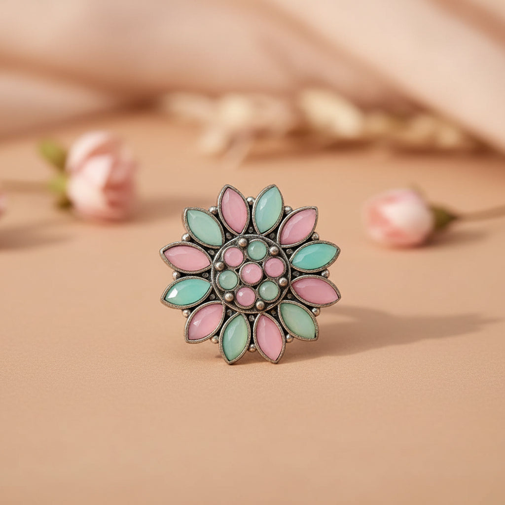 Floral radiance stone studded oxidized rings (Multicolored)