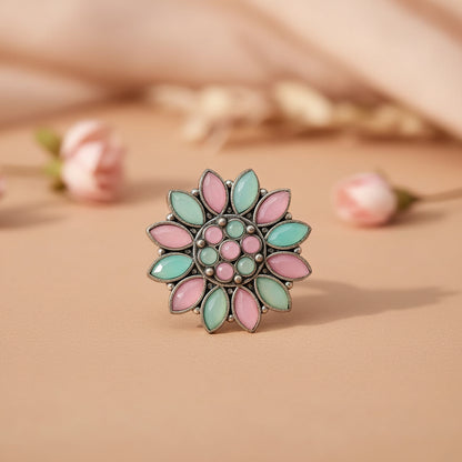 Floral radiance stone studded oxidized rings (Multicolored)