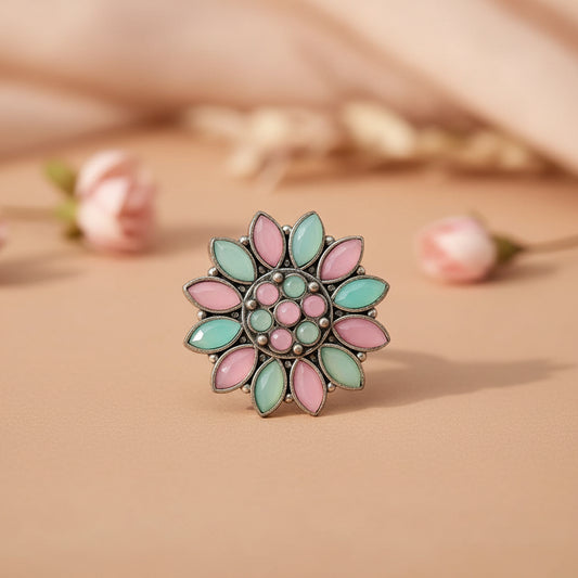 Floral radiance stone studded oxidized rings (Multicolored)