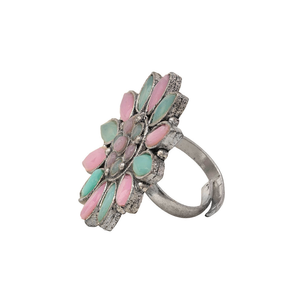 Floral radiance stone studded oxidized rings (Multicolored)
