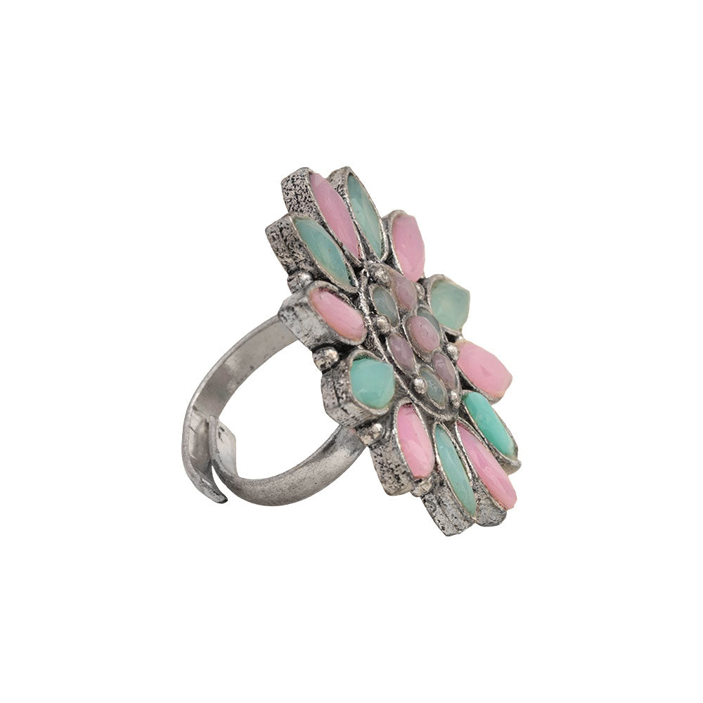 Floral radiance stone studded oxidized rings (Multicolored)