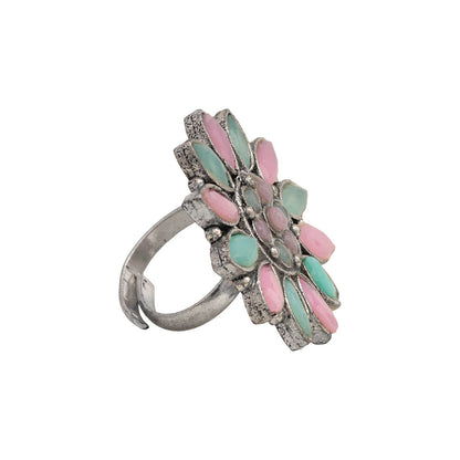 Floral radiance stone studded oxidized rings (Multicolored)