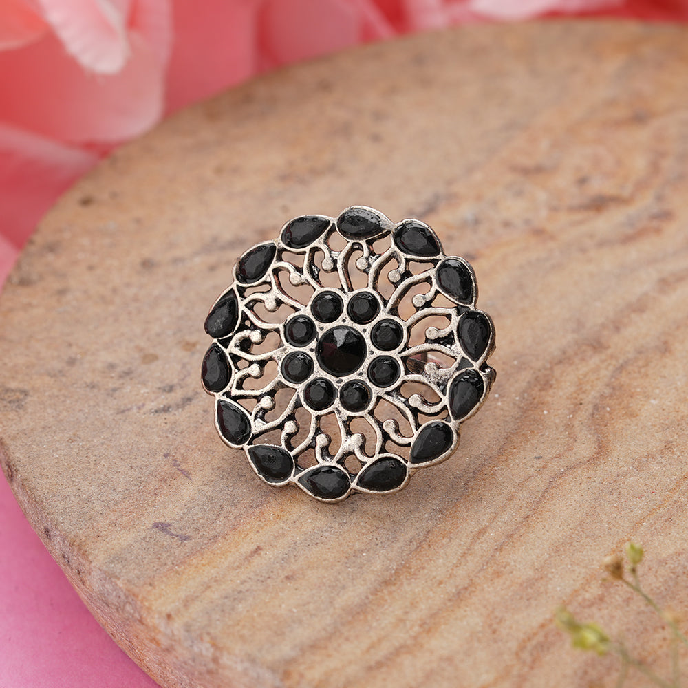 FloraDrop stone studded ring (Black)