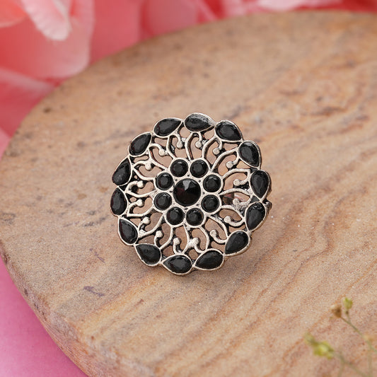 FloraDrop stone studded ring (Black)