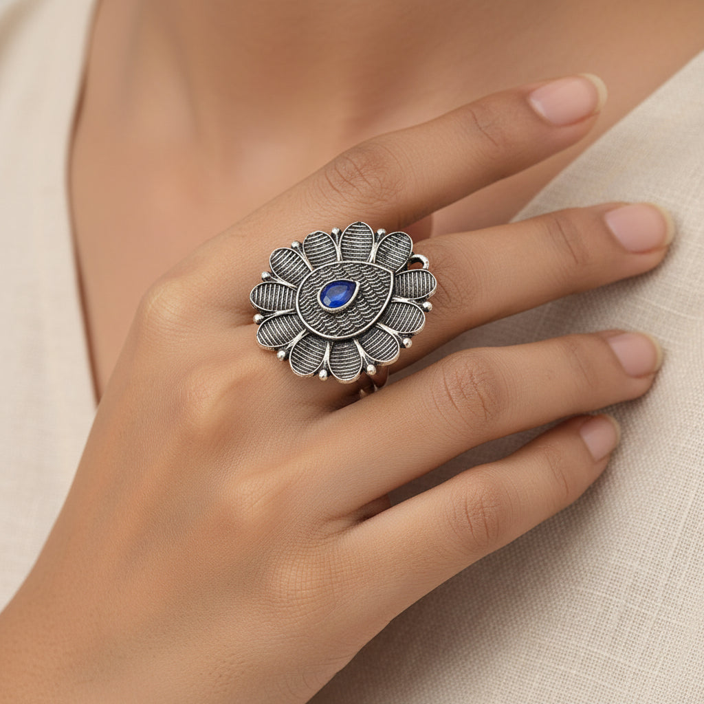 PetalStone oxidised ring (Blue)