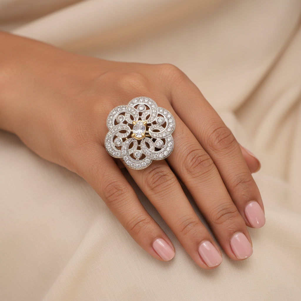 Flower swirls stone studded zirconia rings