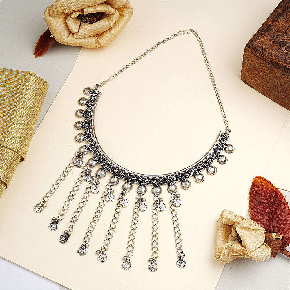 Silver hanging coins oxidized neckpiece (Silver)