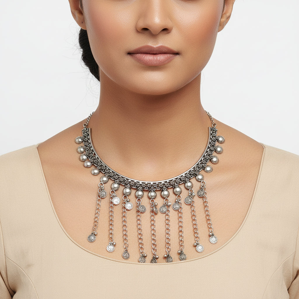 Silver hanging coins oxidized neckpiece (Silver)