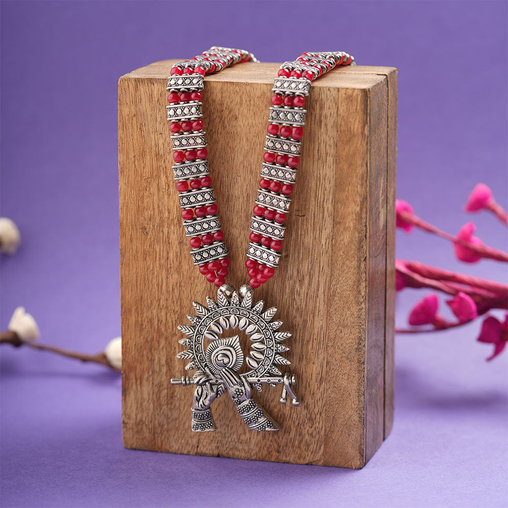Krishna aura statement pendant beaded neckpiece (Red)