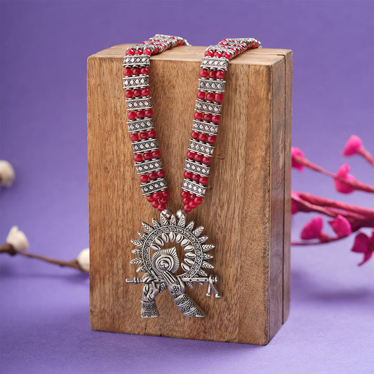 Krishna aura statement pendant beaded neckpiece (Red)