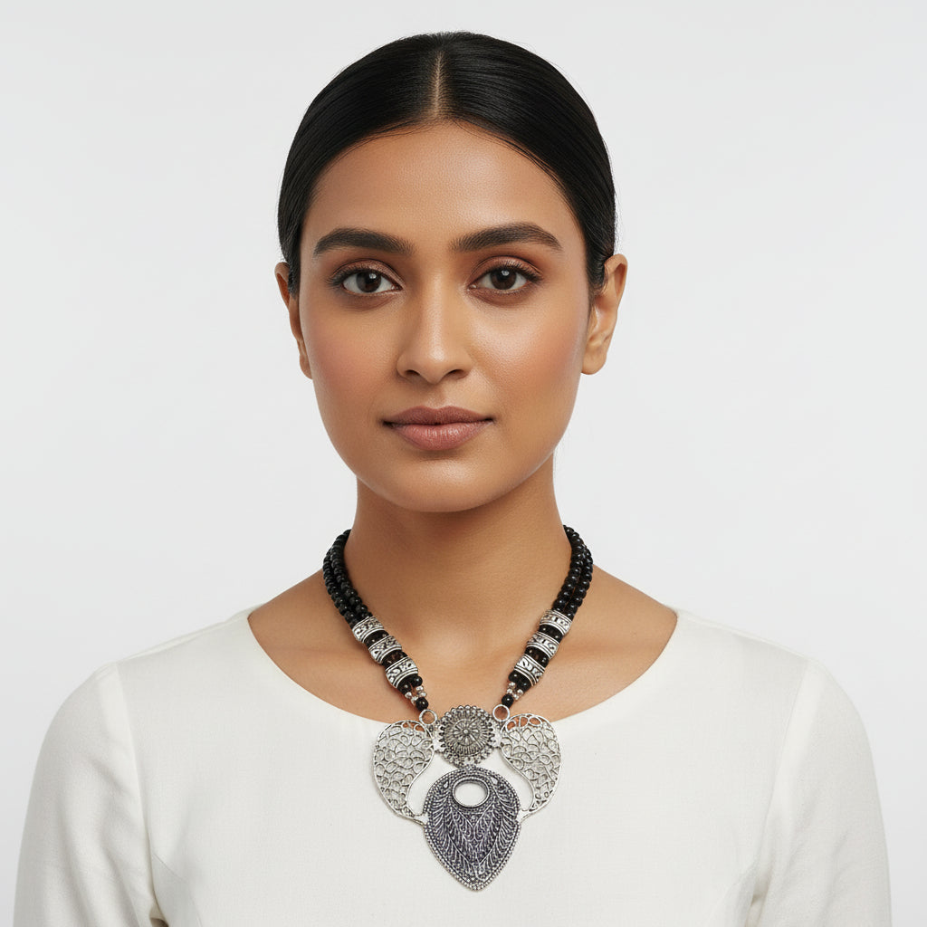 Eternal muse statement pendant beaded neckpiece (Black)