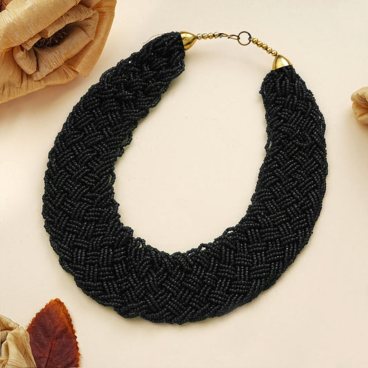 Blazing black braided beaded neckpiece