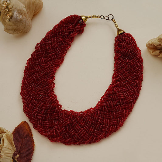 Crimson red braided beaded neckpiece