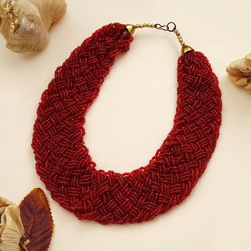 Crimson red braided beaded neckpiece