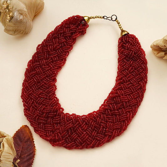 Crimson red braided beaded neckpiece