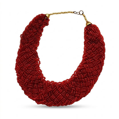 Crimson red braided beaded neckpiece