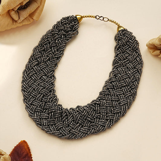 The Beauteous Braided Criss-Cross Beaded Neckpiece (Grey)
