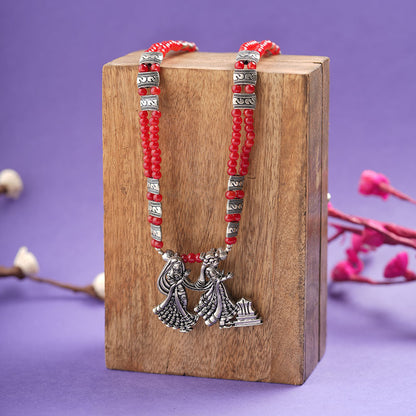Desi duo statement pendant beaded neckpiece (Red)