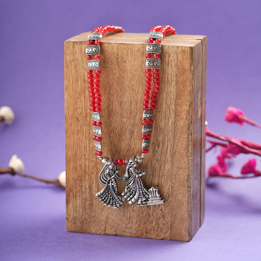 Desi duo statement pendant beaded neckpiece (Red)