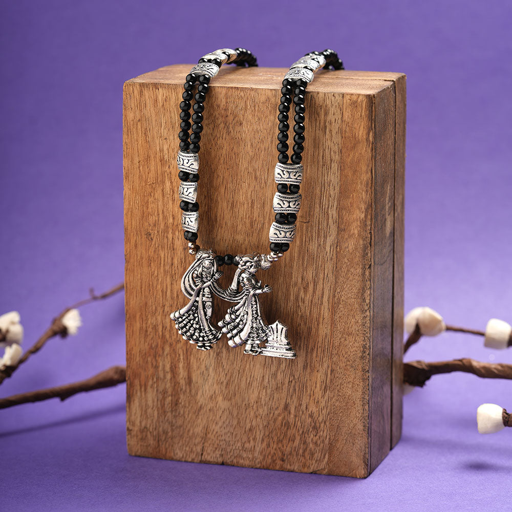Desi duo statement pendant beaded neckpiece (Black)