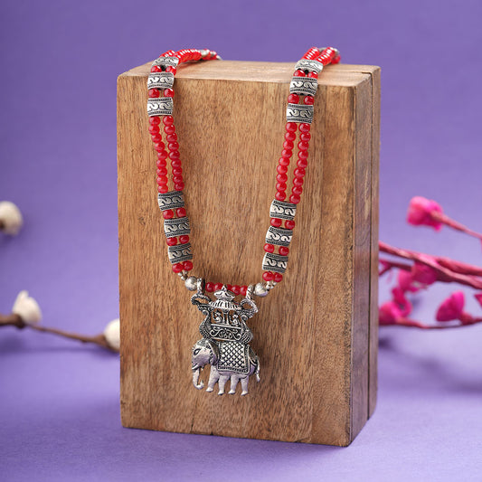 Tusker Tale statement pendant beaded neckpiece (Red)