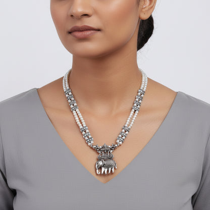 Tusker Tale statement pendant beaded neckpiece (White)