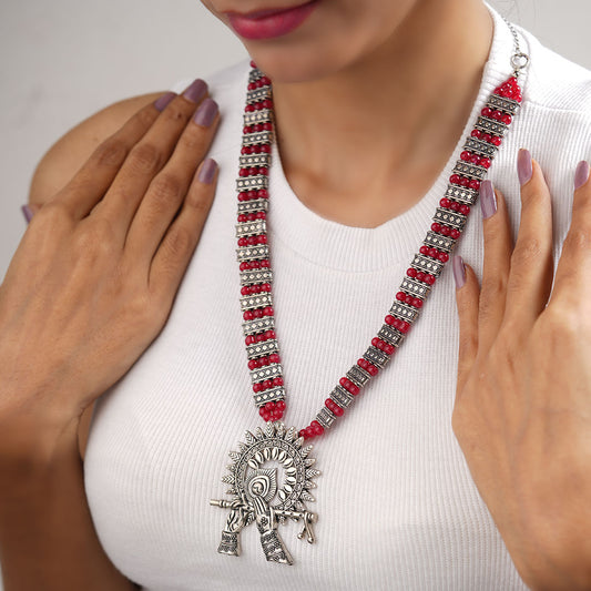 Krishna aura statement pendant beaded neckpiece (Red)