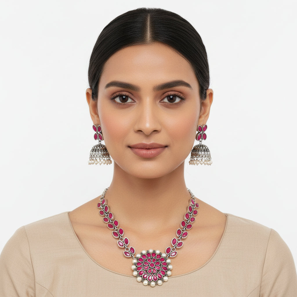 Radiant bloom stone studded neckpiece (Red)