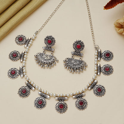 Trail of pearl Rajwada neckpiece set (Red)