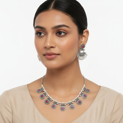 Trail of pearl Rajwada neckpiece set (Red)