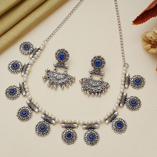 Trail of pearl Rajwada neckpiece set (Blue)