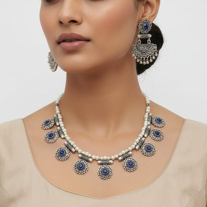 Trail of pearl Rajwada neckpiece set (Blue)