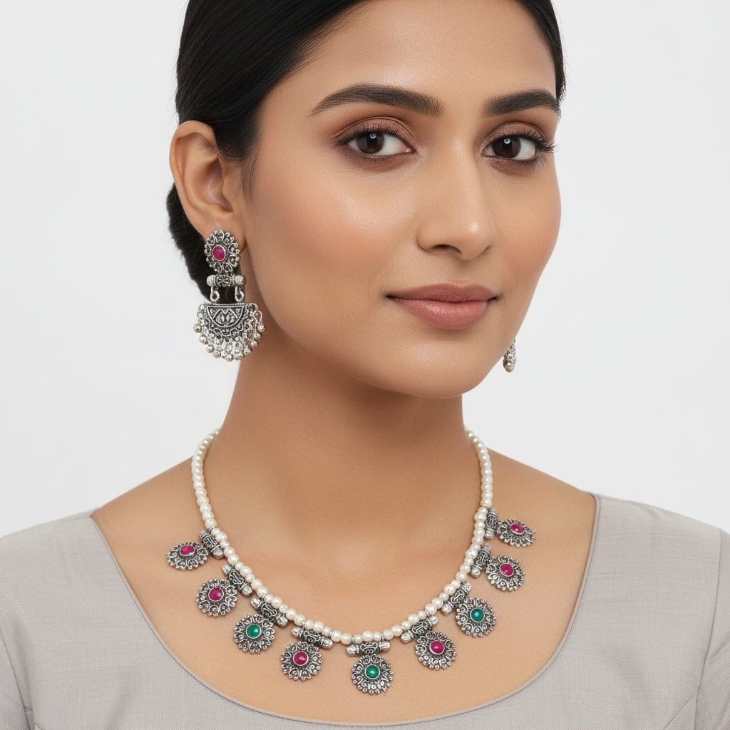 Trail of pearl Rajwada neckpiece set (Multicolored)