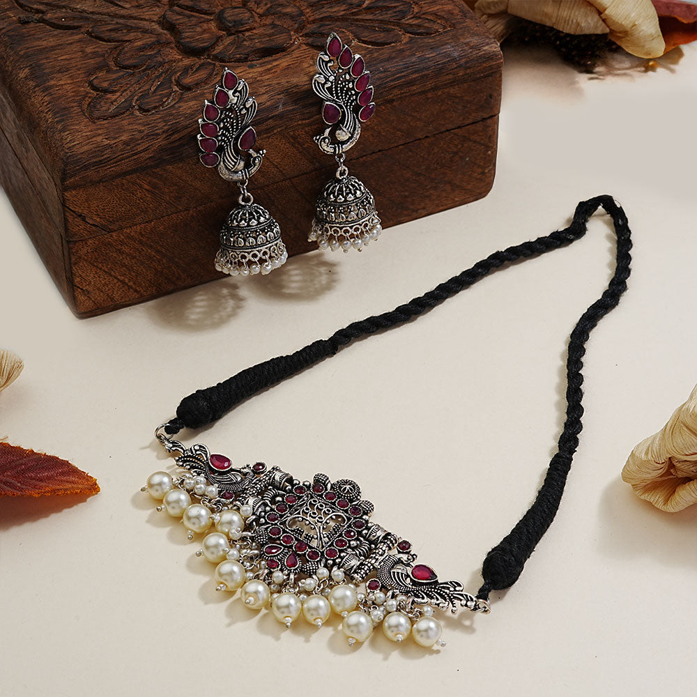 Rustic spark pearl rope neckpiece (Red)