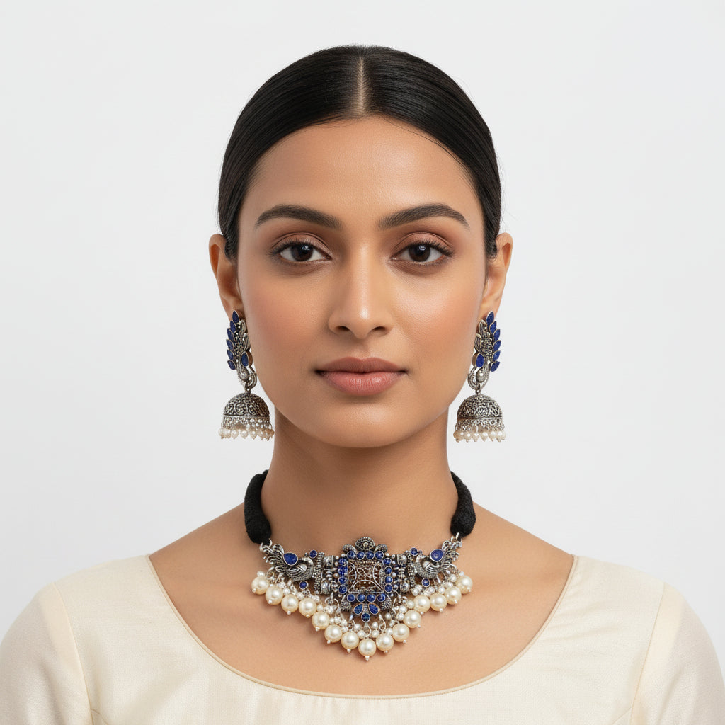 Rustic spark pearl rope neckpiece (Blue)