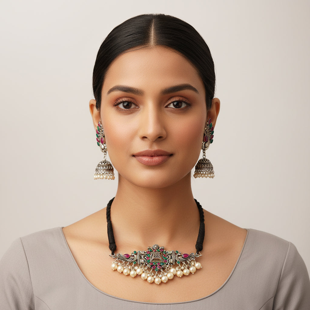 Rustic spark pearl rope neckpiece (Multicolored)