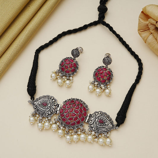 Tribal treasure pearl rope neckpiece (Red)