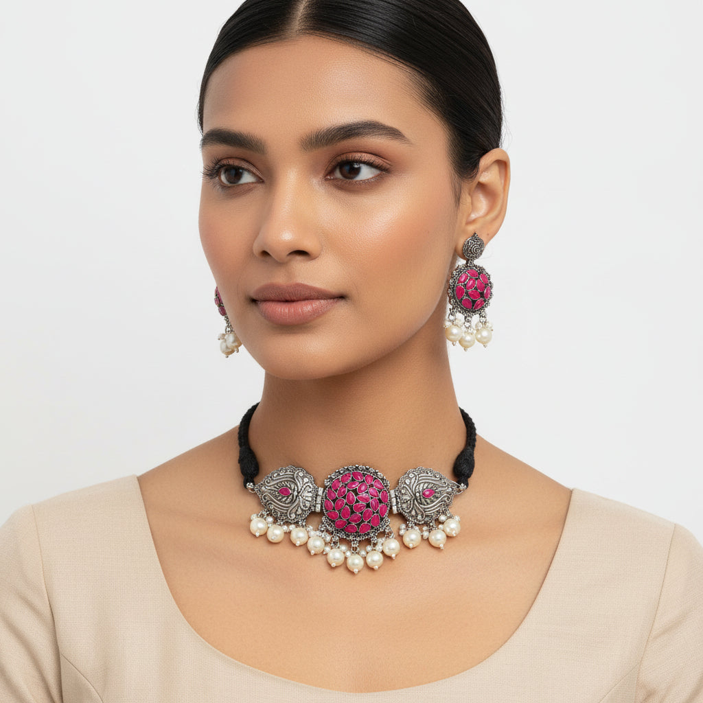 Tribal treasure pearl rope neckpiece (Red)