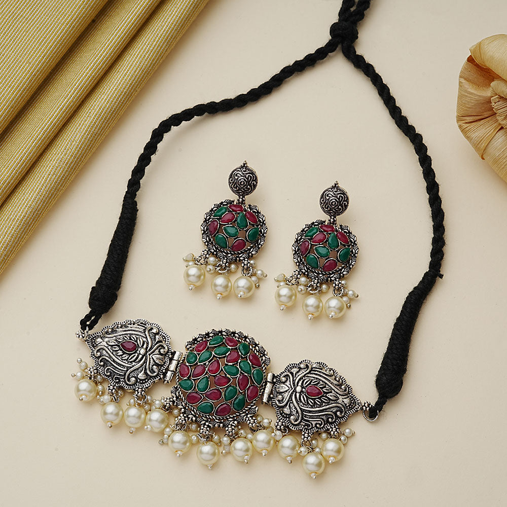 Tribal treasure pearl rope neckpiece (Multicolored)