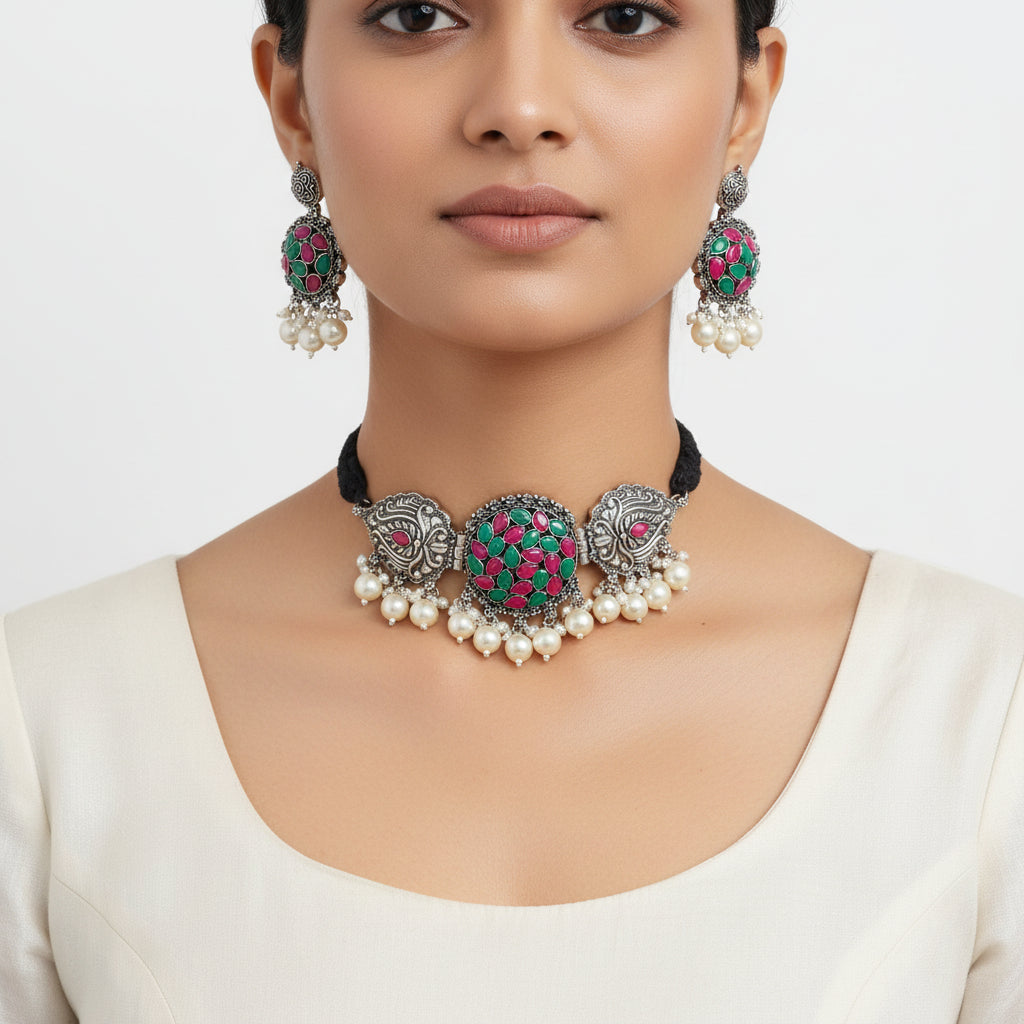 Tribal treasure pearl rope neckpiece (Multicolored)