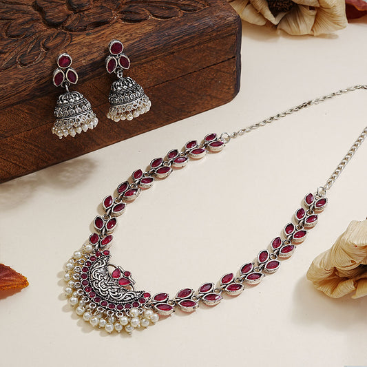 Mystic moon stone studded chain neckpiece (Red)