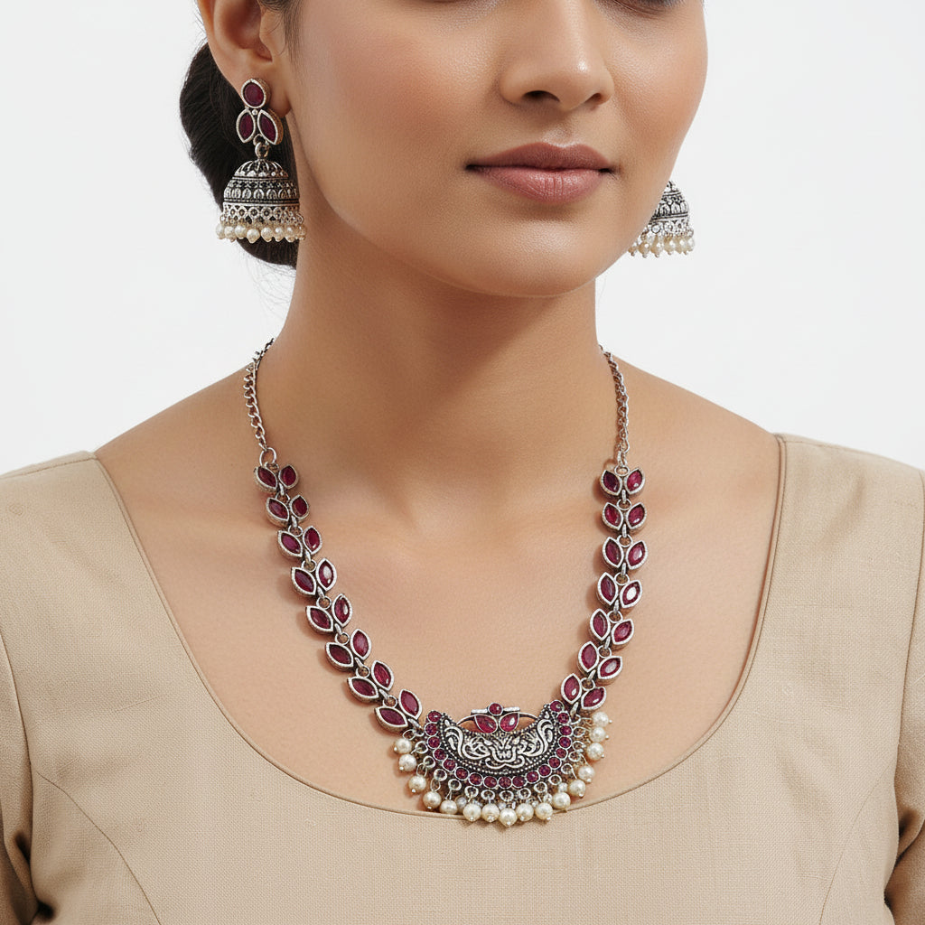 Mystic moon stone studded chain neckpiece (Red)