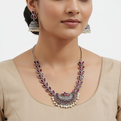 Mystic moon stone studded chain neckpiece (Red)